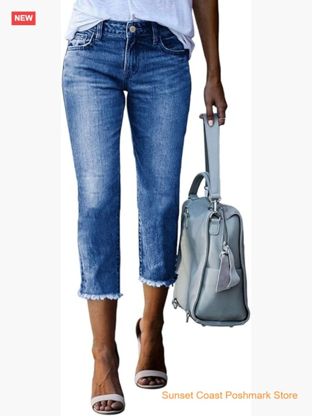 High Waisted Straight Leg Capri Raw Hem Denim Pants